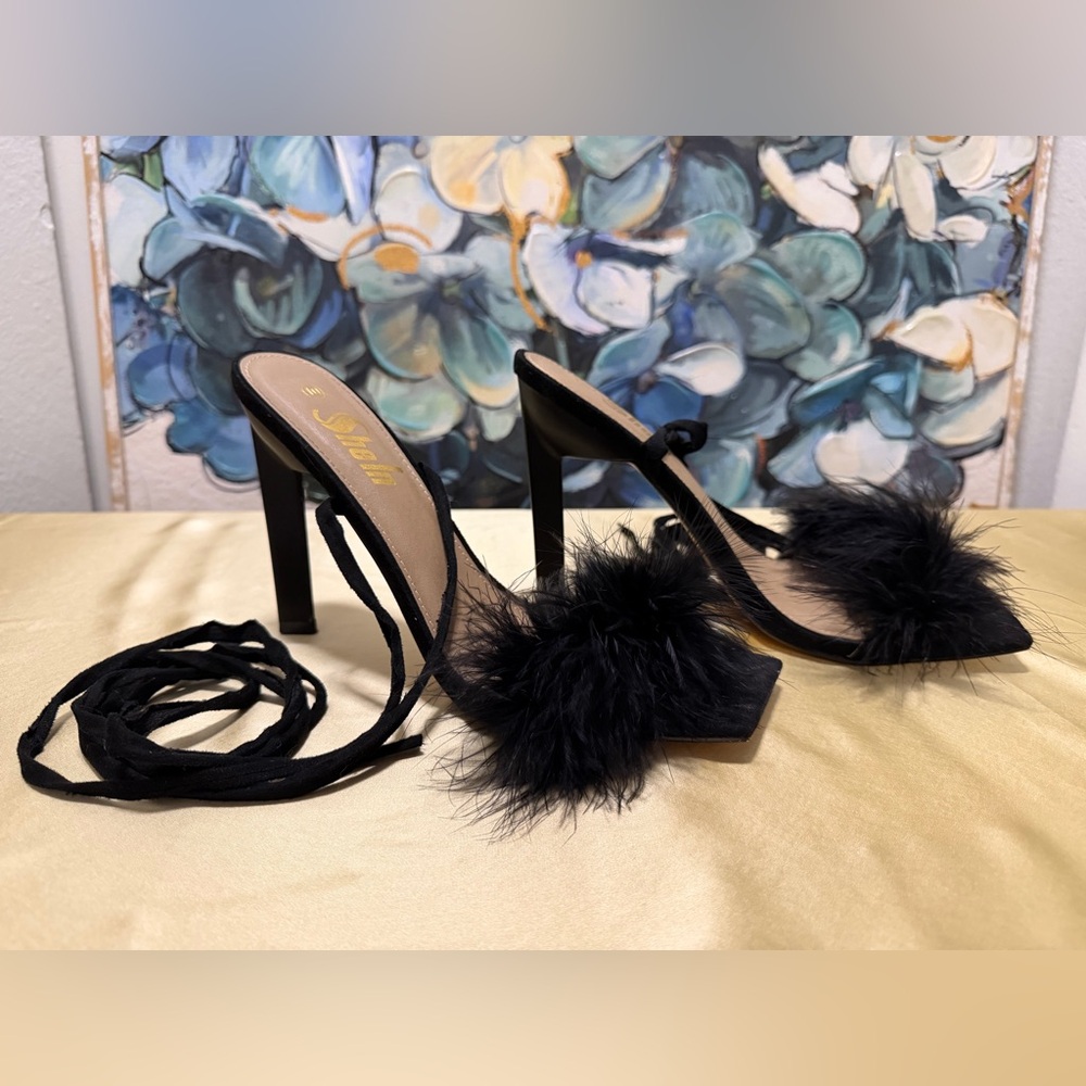 SheIn Black Feather Lace-Up Heels Square Toe Stilettos Heels Size 10 Elegant - Picture 2 of 8